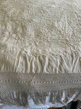 Antique ivory Embroidered Victorian throw with Fringe from great grandmother.